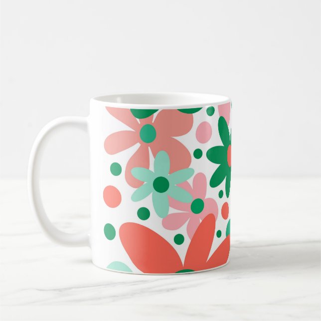 Funky blommor i grönt, persikor och korall kaffemugg (Vänster)