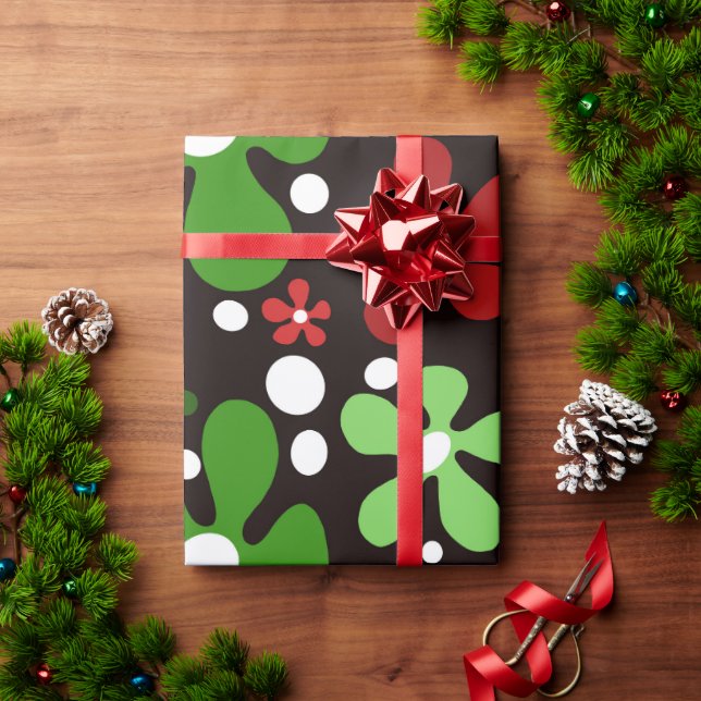 Funky blommor i rött och grönt presentpapper (Julgåva)