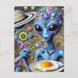 Funky Blue Alien Eating Fried Eggs Vykort