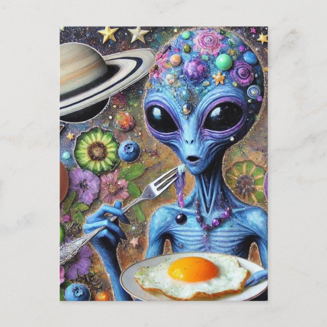 Funky Blue Alien Eating Fried Eggs Vykort (Framsida)