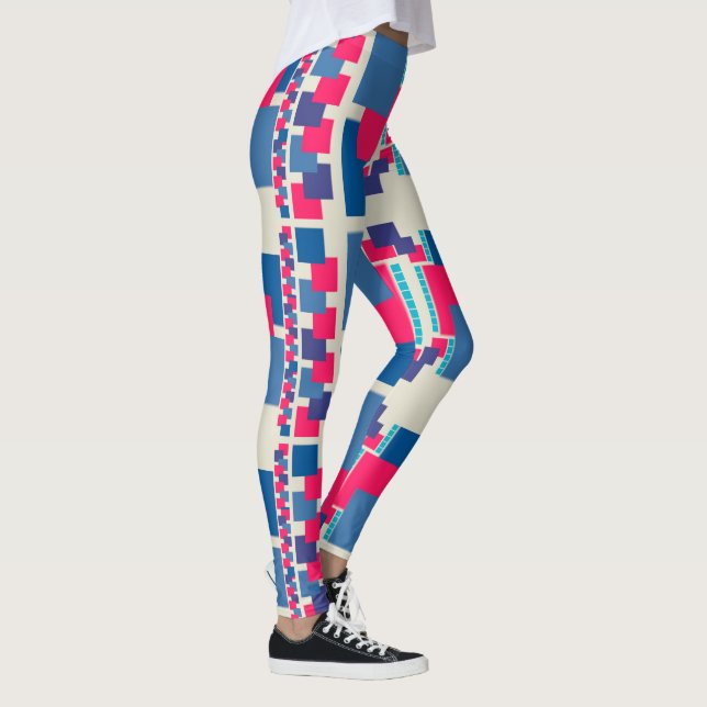 Funky Blue+Rosa Square Mönster Leggings ★ Psydefx  (Höger)