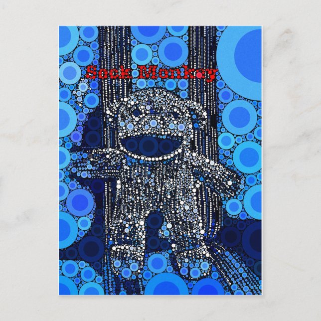 Funky Blue Sock monkey Circles Bubbles Pop Art Vykort (Framsida)