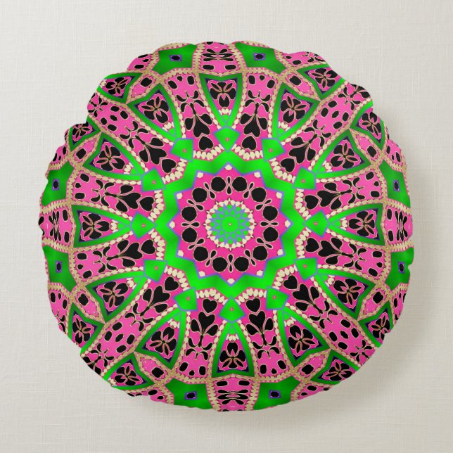 Funky bohemisk grön rosa mandala rund kudde (Framsidan)