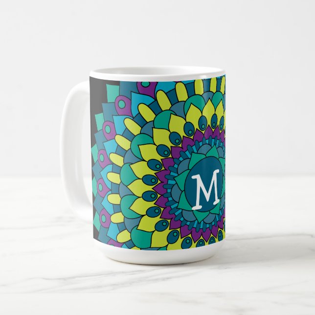 Funky bohemiska blomblad med monogram kaffemugg (Framsida vänster)