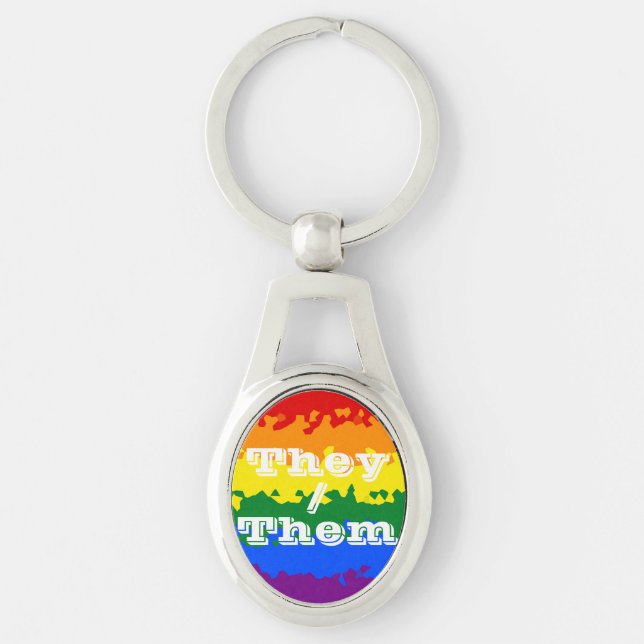 Funky Boho Anpassningsbar Pronomen HBTQ Stolthetsf Ovalt Silverfärgad Nyckelring (Framsidan)