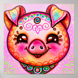 Funky Boho Gris Farm Animal Porträtt Art Poster