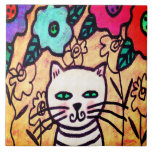 Funky Cat with Flowers Abstrakt Art Kakelplatta<br><div class="desc">Min funky-abstrakt-digitala kattmålning gör den här keramiska plattan till en ren gåva till kattälskare!</div>