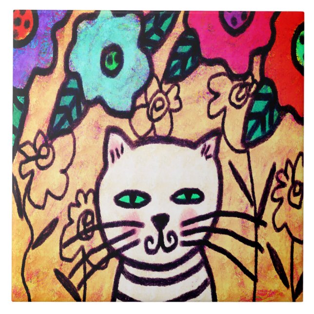 Funky Cat with Flowers Abstrakt Art Kakelplatta (Framsidan)