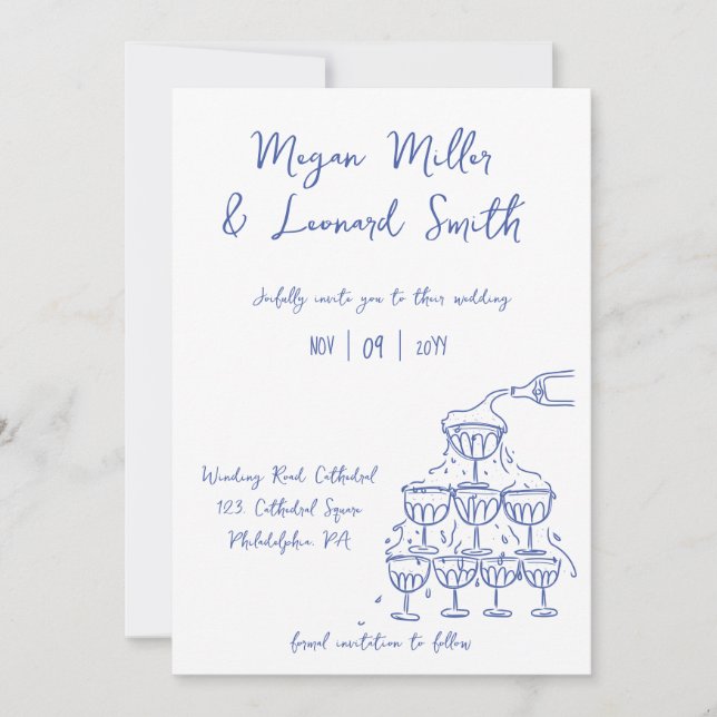 Funky champagne torn spara datumet bröllop inbjudningar (Framsida)