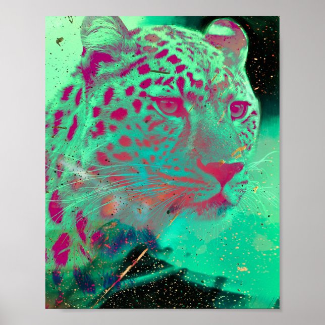 Funky Cheetah Psychedelic Mint Shock rosa Art Poster (Framsidan)