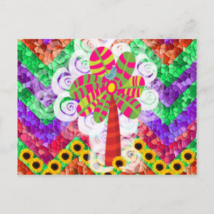 Funky Chevron Mosaic Träd Swirls Sunblommor Summer Vykort