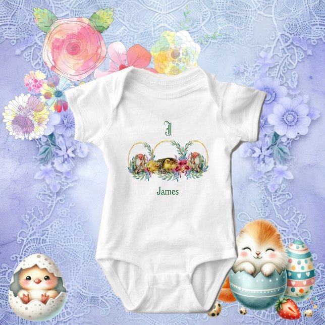 Funky Chick Påskhare Blommigt  Monogram Anpassning T Shirt (Funky Chicks Easter Bunny Floral Monogram Custom Baby Bodysuit)