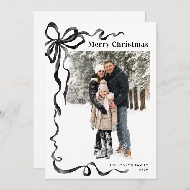 Funky Christmas Boho Black Bow Ribbon 2 Photo Julkort (Fram/baksida)