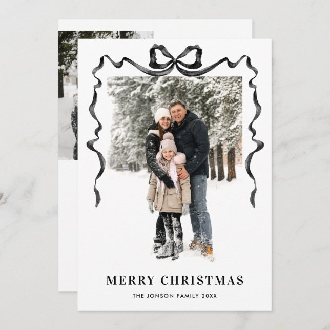 Funky Christmas Boho Black Bow Ribbon 3 Photo Julkort (Fram/baksida)