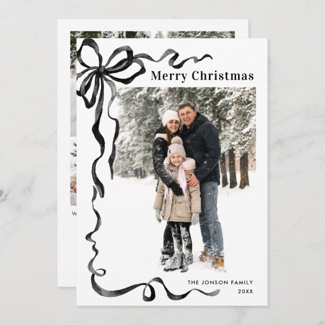 Funky Christmas Boho Black Bow Ribbon 5 Photo Julkort (Fram/baksida)