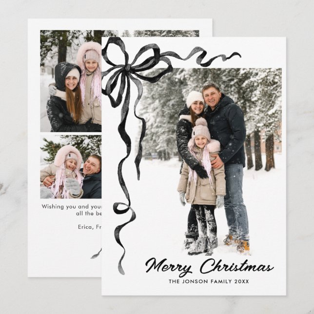 Funky Christmas Boho Black Bow Ribbon 5 Photo Julkort (Fram/baksida)