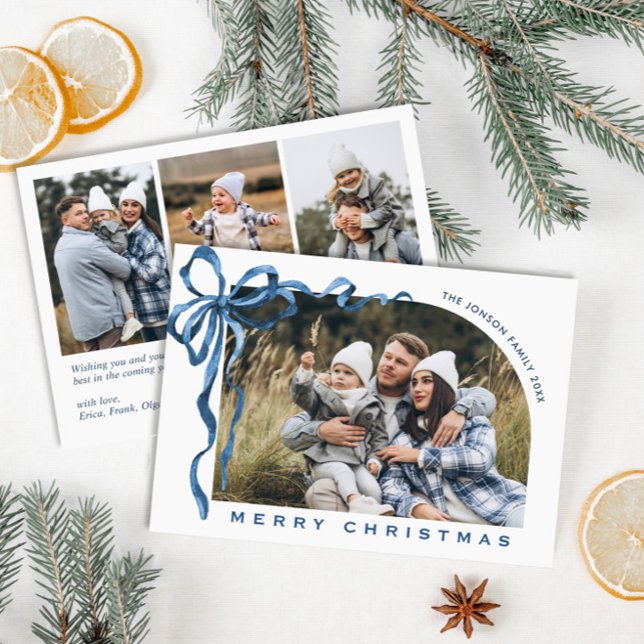 Funky Christmas Boho Blue Bow Ribbon 4 Photo Julkort (Skapare uppladdad)