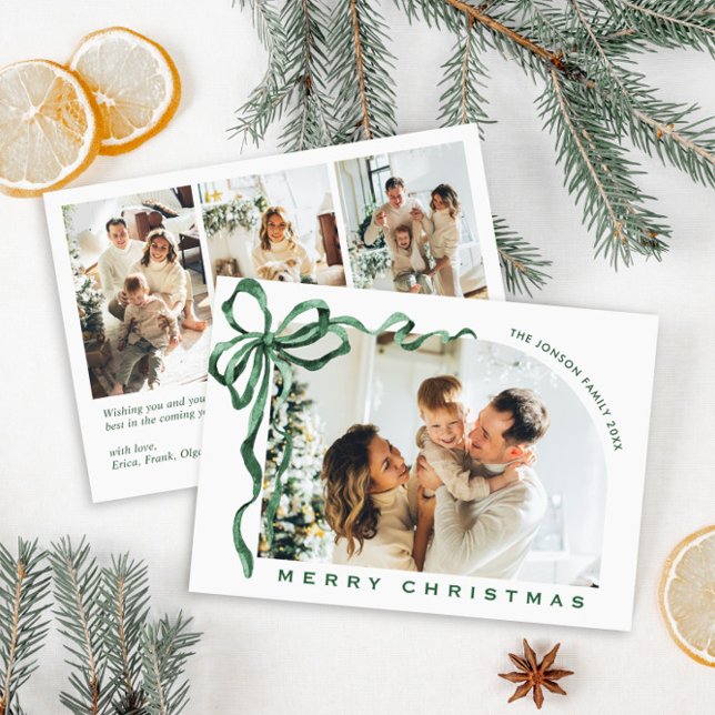 Funky Christmas Boho Green Bow Ribbon 4 Photo Julkort (Skapare uppladdad)