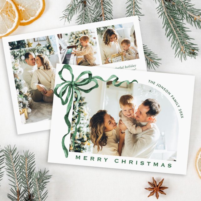 Funky Christmas Boho Green Bow Ribbon 4 Photo Julkort (Skapare uppladdad)