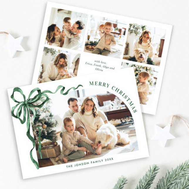 Funky Christmas Boho Green Bow Ribbon 6 Photo Julkort (Skapare uppladdad)