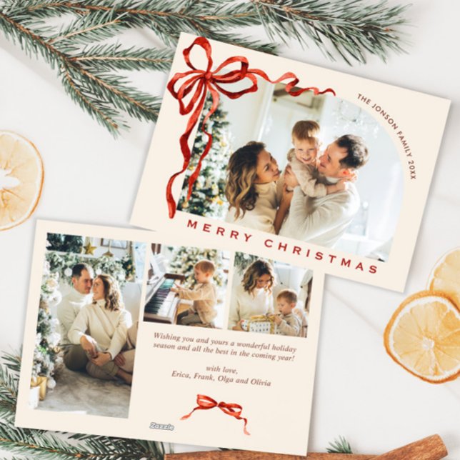 Funky Christmas Boho Red Bow Ribbon 4 Photo Julkort (Skapare uppladdad)