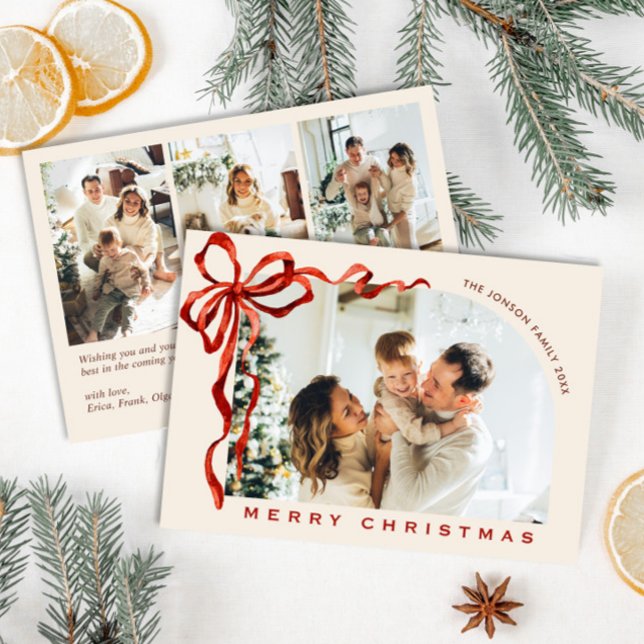 Funky Christmas Boho Red Bow Ribbon 4 Photo Julkort (Skapare uppladdad)