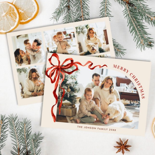 Funky Christmas Boho Red Bow Ribbon 6 Photo Julkort (Skapare uppladdad)