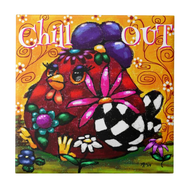 Funky Chunky Blommigt Chicken Colorful Personlig Kakelplatta (Framsidan)