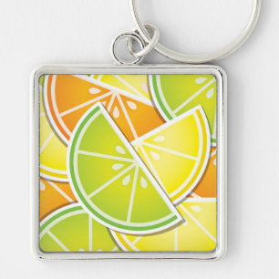 Funky citrusfrukter fyrkantig silverfärgad nyckelring