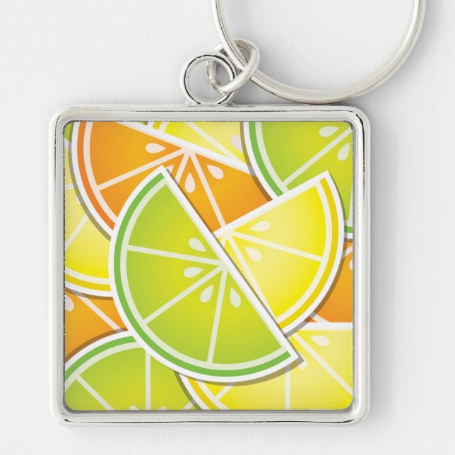 Funky citrusfrukter fyrkantig silverfärgad nyckelring (Framsidan)