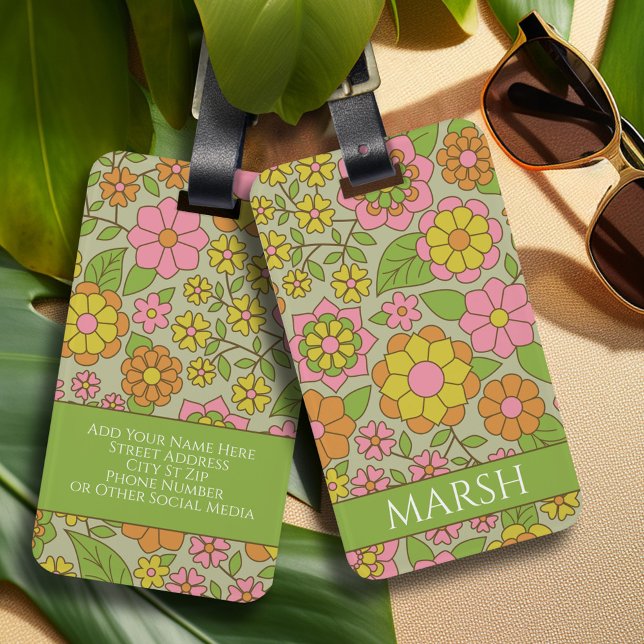 Funky Colorful Pastel-Blommönster - Monogram Bagagebricka (Personalized Luggage Tag - Retro flowers)