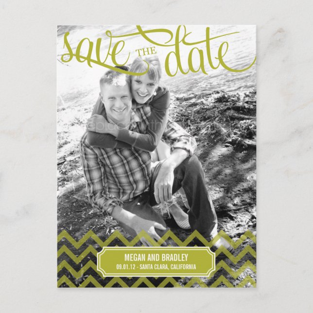 Funky Couple Save The Date Postkort - Grön Meddelande Vykort (Framsida)