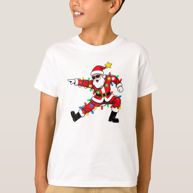 Funky Dabbing Santa Tangled In Lights T Shirt (Framsida)