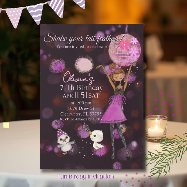 Funky Disco Kyckling Flickig Födelsedagsinbjudan Inbjudningar (Funky Disco Chicken Girl Birthday Invitation)