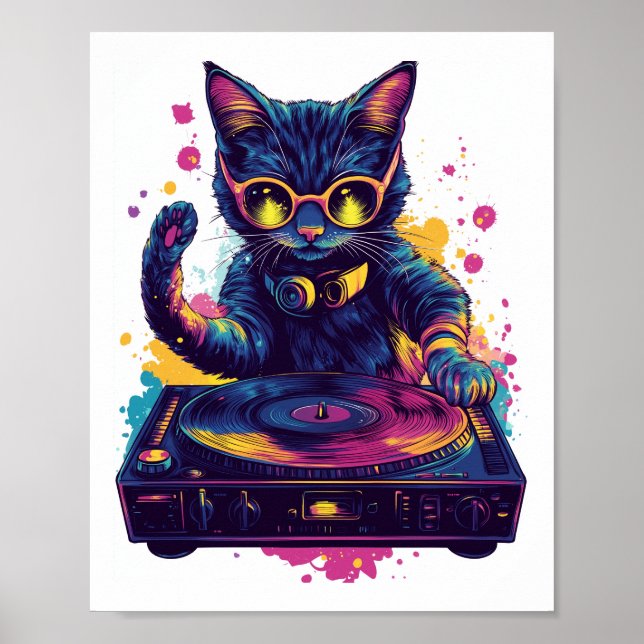 Funky DJ Cat � Retro Disco Kitty Party Poster (Framsidan)