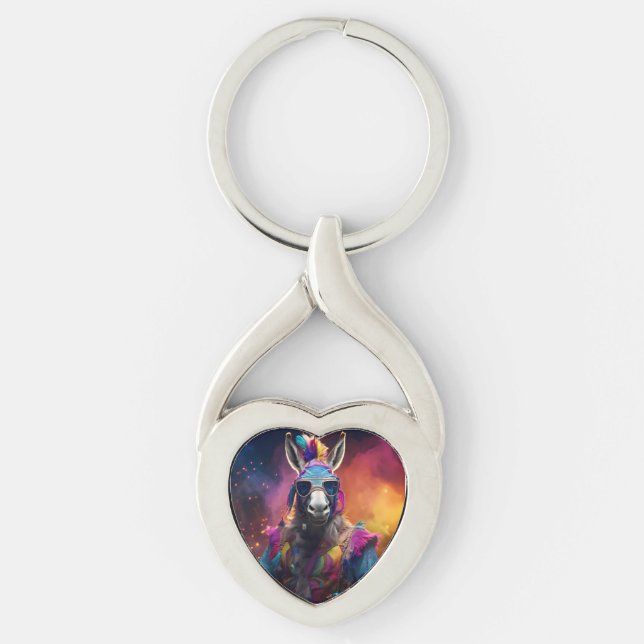 Funky Donkey Blue Glass Twisted Heart Silverfärgad Nyckelring (Framsidan)