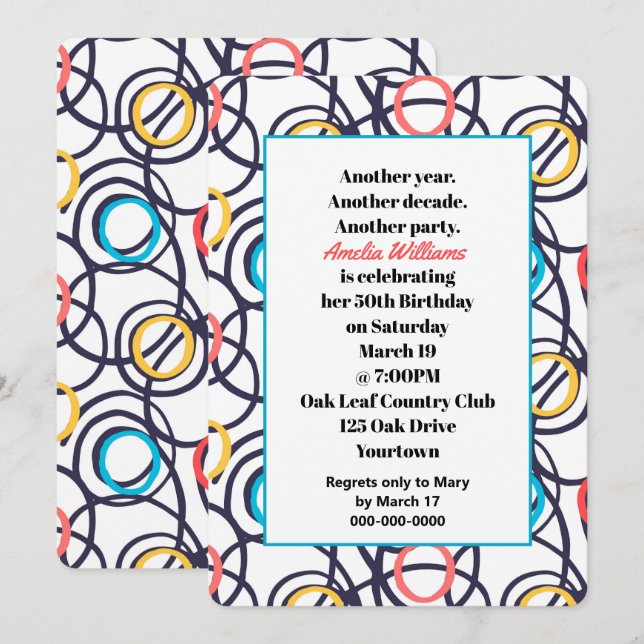 Funky Doodles 50:e Födelsedagsfesten Inbjudningar (Fram/baksida)