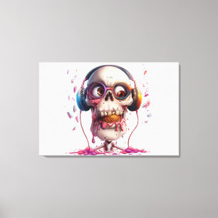💀🍦 Funky Döskalle med Hörlurar Konsttryck 🍦💀 Canvastryck