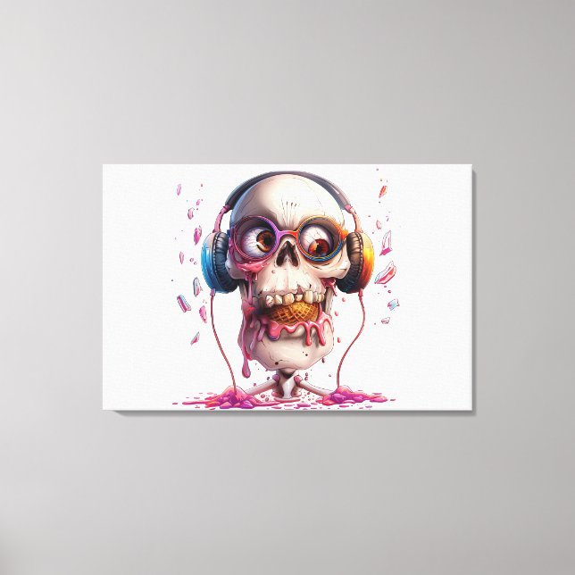 💀🍦 Funky Döskalle med Hörlurar Konsttryck 🍦💀 Canvastryck (Framsida)