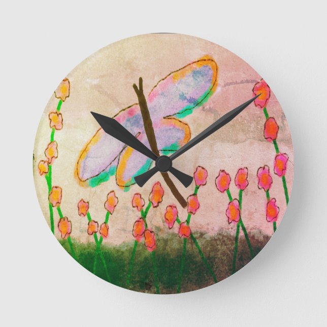 Funky Dragonfly Abstrakt Art Rund Klocka (Framsida)