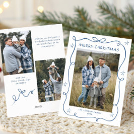 Funky Dusty Blue Christmas Bow Ribbon 3 Photo Julkort