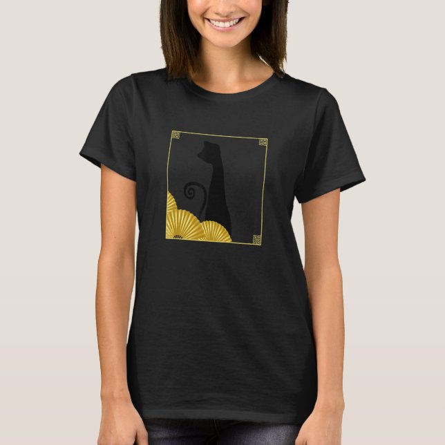 Funky East Asian Style Black Cat in Frame with Gol T Shirt (Framsida)