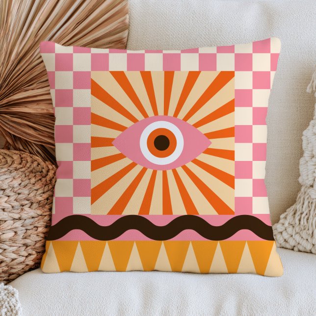 Funky Evil Eye-design Rosa & Orange RETRO Abstrakt Kudde (Skapare uppladdad)