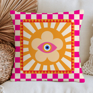 Funky Evil Eye Marguerit Rosa Rutig RETRO Kudde