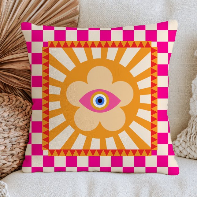 Funky Evil Eye Marguerit Rosa Rutig RETRO Kudde (Skapare uppladdad)