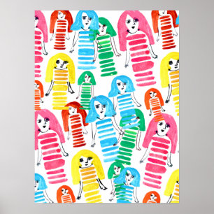 Funky - färgad docka för flicka - vattenfärg poster