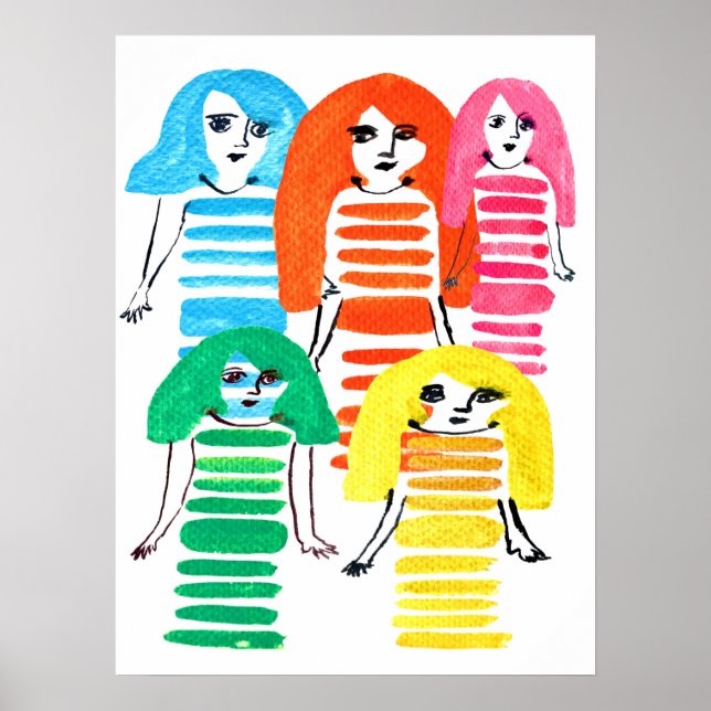 Funky - färgad docka för flicka - vattenfärg poster (Framsidan)