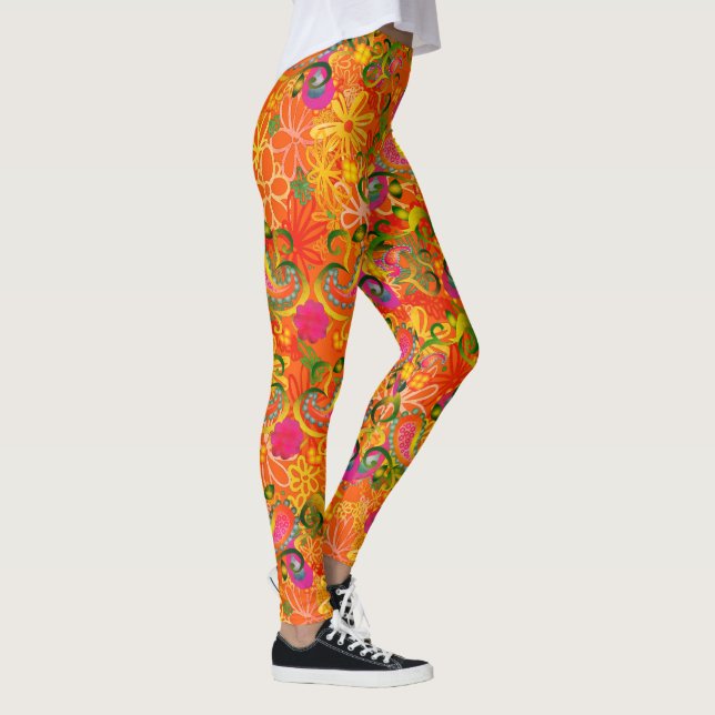 Funky, färglösa blommor och orange av paisley leggings (Höger)