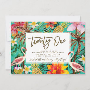 funky flamingo tropical 21:a födelsedagsinbjudan tack kort