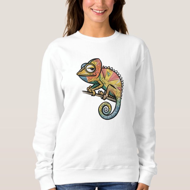 Funky Geometric Chameleon - färgfull Tecknad Repti T Shirt (Framsida)
